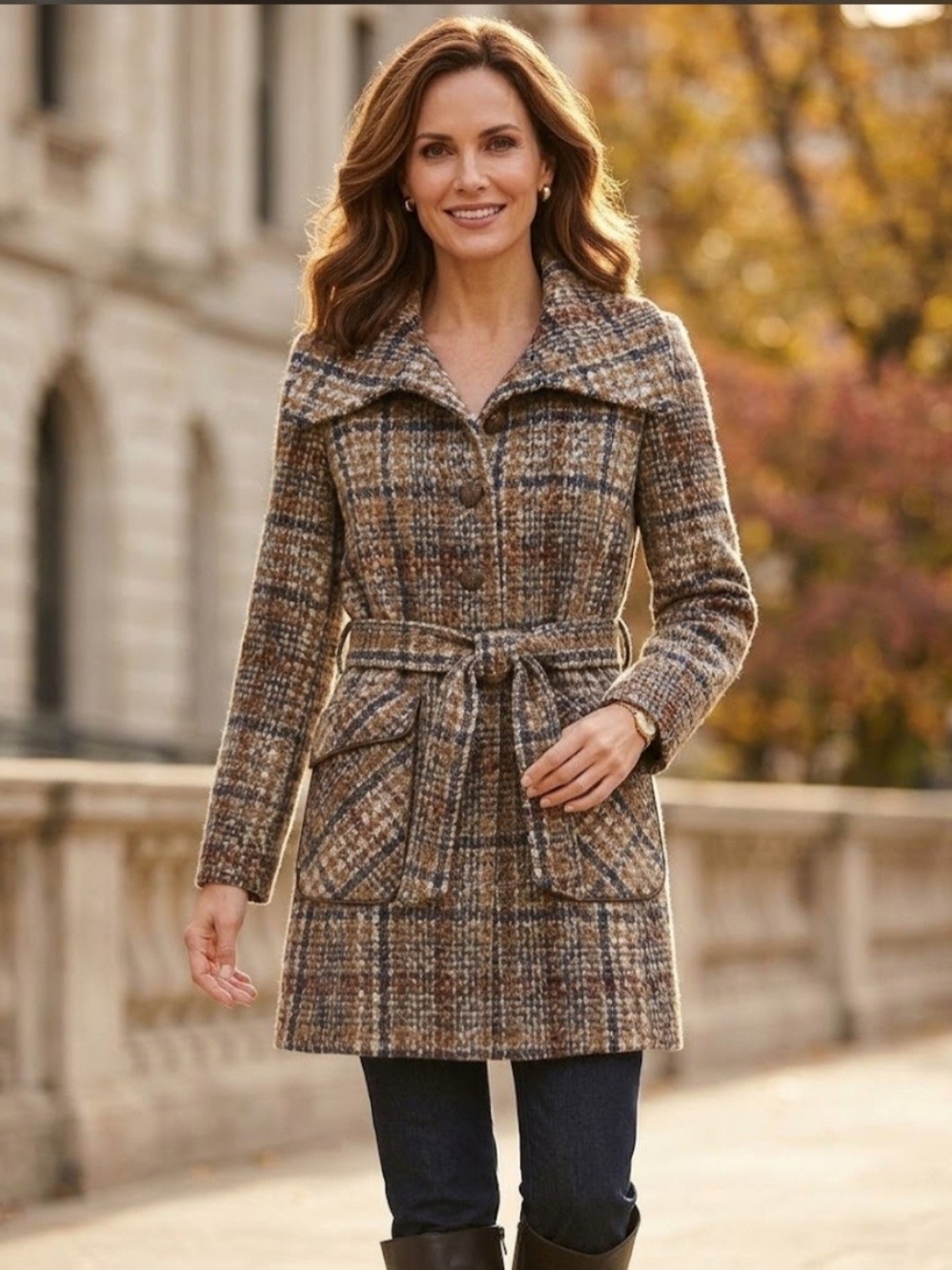 DKNY Plaid Tweed Belted Coat Wide Collar Jacket 4P